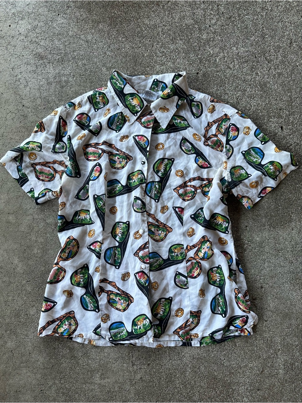VTG Allison Taylor Silk White Floral Sunglasses Print Button Down Shirt